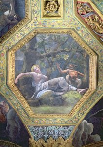 Psyche slapend in de vallei van Cupido, plafondcassette uit de Sala di Amore e Psiche, 1528 door Giulio Romano